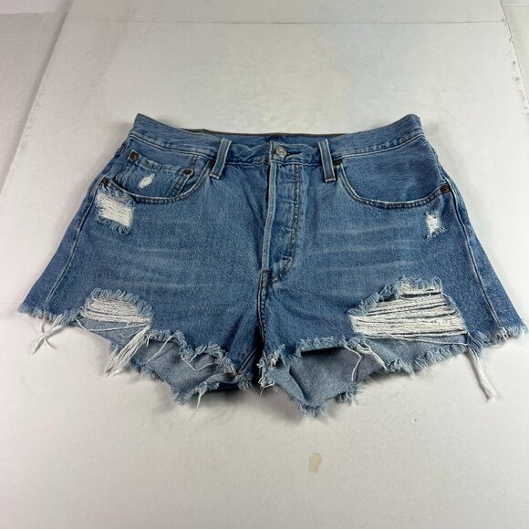 Levi's Jean Shorts Women's 32* 501 High Rise Blue Cut Off Denim Jorts Tag 30 - Picture 1 of 16